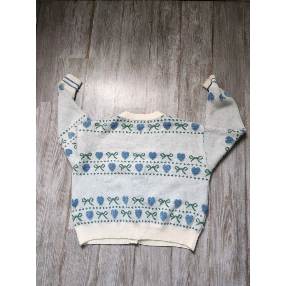 Girlish Heart Bow Cardigan Sweater Blue Cream Button Up Soft Knit Womens XL GUC - Picture 11 of 11